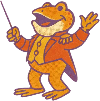 Basil Bullfrog, a bullfrog in a brass-band bandmaster’s tailcoat, mid-flourish with a conducting baton, throat puffed.