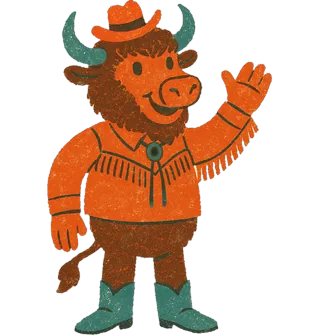 Bertie Bison, a bison in a fringed rodeo shirt and bolo tie with a comically small cowboy hat balanced on his head.
