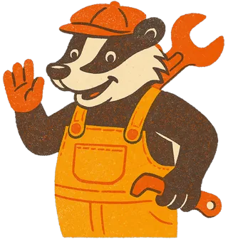 Bramble Badger, a badger in engineer’s dungarees and a flat cap with an oversized spanner over one shoulder — the ride mechanic.