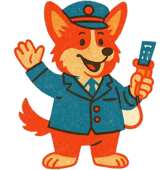 Crumpet Corgi, a corgi in a tram conductor’s uniform and peaked cap, brandishing a ticket punch.