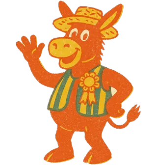 Donny the Donkey, a cheerful seaside donkey in a straw sun hat with holes cut for his ears, a striped saddle-blanket waistcoat and a prize rosette.