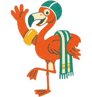 Flip Flamingo, a flamingo in a lido diving instructor’s swim cap and armbands, a striped towel over one wing, standing on one leg.