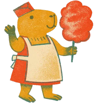 Flossie Capybara, a serene capybara in an oversized candy-floss vendor’s apron and paper hat, holding a swirl of floss bigger than her head.