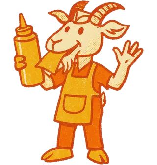 Gordon Goat, a goat in a hot-dog stand apron and paper hat, wielding an oversized mustard bottle, chewing the corner of the menu.