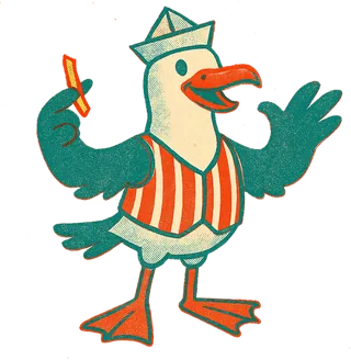 Gully the Gull, a herring gull in a deckchair-striped waistcoat and folded paper hat, wings spread in an innocent shrug, a chip in one claw.