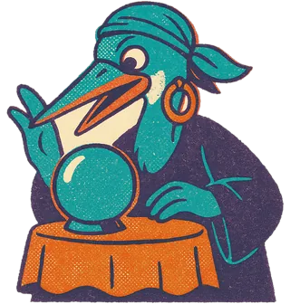 Hattie Heron, a heron in a fortune-teller’s headscarf and hooped earrings, peering into a crystal ball on a draped table.