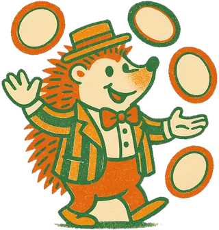 Hoop-la Hedgehog, a round hedgehog in a striped blazer, bow tie and a boater hat perched between his spines, juggling three hoops.