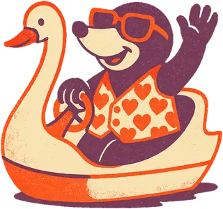 Mabel Mole, a mole in enormous dark glasses and a heart-print waistcoat, steering a swan boat — the tunnel of love attendant.