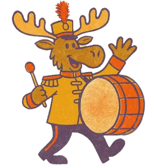 Moxie Moose, a moose in a marching-band tunic with epaulettes and a tall plumed shako squeezed between his antlers, banging a bass drum.
