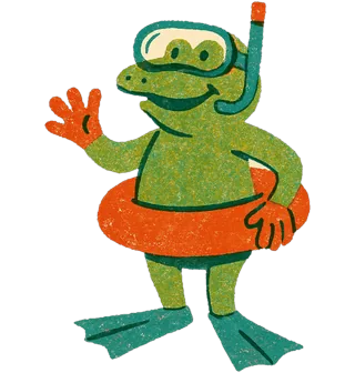 Nelly Newt, a newt in a snorkel mask, flippers and a rubber ring — the log flume attendant, permanently damp.