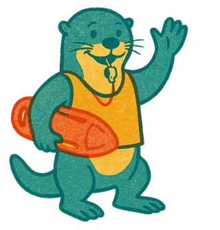 Otto the Otter, an otter in a lifeguard’s vest with a whistle round his neck and a rolled float under one arm.