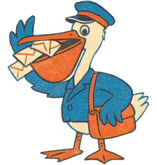 Pippin Pelican, a pelican in a postman’s peaked cap and satchel, letters spilling comically out of his beak pouch.