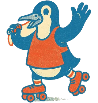 Plimsoll Penguin, a penguin in a roller-rink attendant’s tabard and striped socks, wobbling on roller skates with a whistle.