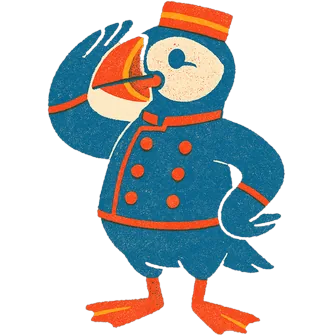 Puffin Pete, a puffin in a brass-buttoned bellboy uniform and pillbox cap, one wing raised in a smart salute.