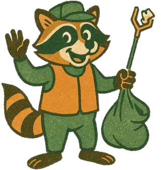 Rufus Raccoon, a raccoon in a litter-picker’s tabard and cap with a grabber and sack, looking extremely pleased with a find.