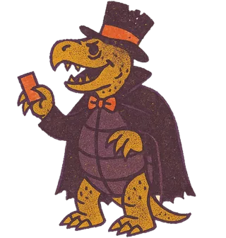 Snapper Turtle, a snapping turtle in a moth-eaten top hat and cape, taking tickets at the ghost train with theatrical menace.