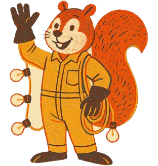 Sparky Squirrel, a squirrel in an electrician’s boiler suit and rubber gloves, a string of festoon bulbs draped over one shoulder, tail frizzed.
