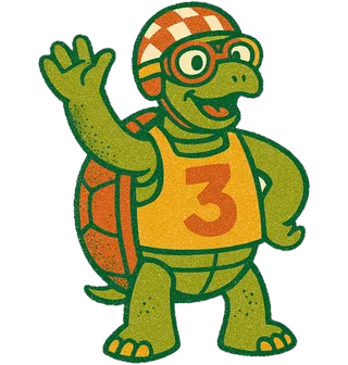Tilly Tortoise, a tortoise in a chequered racing helmet and goggles with a numbered tabard, her shell painted like a racing car.