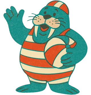 Walter Walrus, a portly walrus in a candy-striped bathing costume and swimming cap, moustache waxed, hugging a striped beach ball.