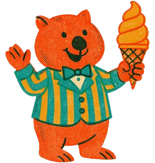 Wanda Wombat, a wombat in a striped ice-cream vendor’s jacket and bow tie, presenting a towering cone with great ceremony.