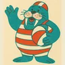 Walter Walrus, a portly walrus in a candy-striped bathing costume and swimming cap, moustache waxed, hugging a striped beach ball.