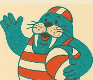 Walter Walrus, a portly walrus in a candy-striped bathing costume and swimming cap, moustache waxed, hugging a striped beach ball.