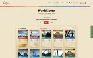 A set's album open on a desktop screen: a themed page of real-photo cards, with what is left to finish it and the coins it pays.