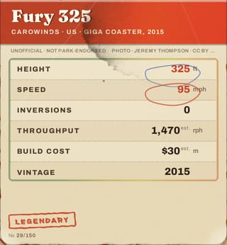 A Fury 325 card at macro scale, showing all six printed stat rows and a hand-drawn ring calling out the height and speed numbers.