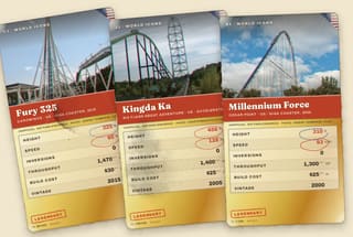 Three Legendary cards fanned out — Fury 325, Kingda Ka and Millennium Force — each showing its foil edge.