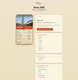 Fury 325's public coaster detail page: the full card with every stat printed, beside its page, park and maker neighbours; the sourced facts follow further down.